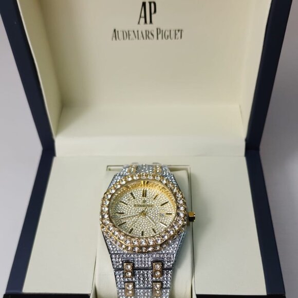 Two-Tone Gold & Silver Iced Out Men’s Watch – Fully Encrusted Luxury Bling Timep - Picture 1 of 5